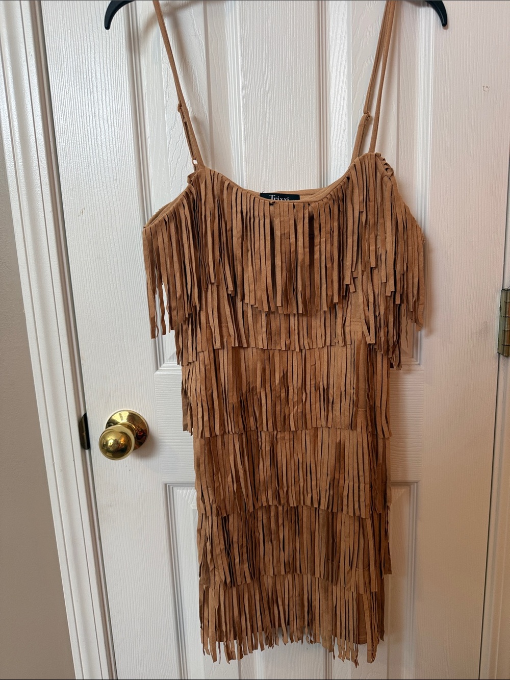 Francesca's Collections Tan Fringe Tiered Mini Trixxi Dress
